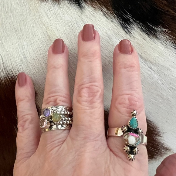 ❤️ Cotton Candy Dahlia Kingman Turquoise Sterling Silver Navajo Adjustable Ring - Picture 3 of 14